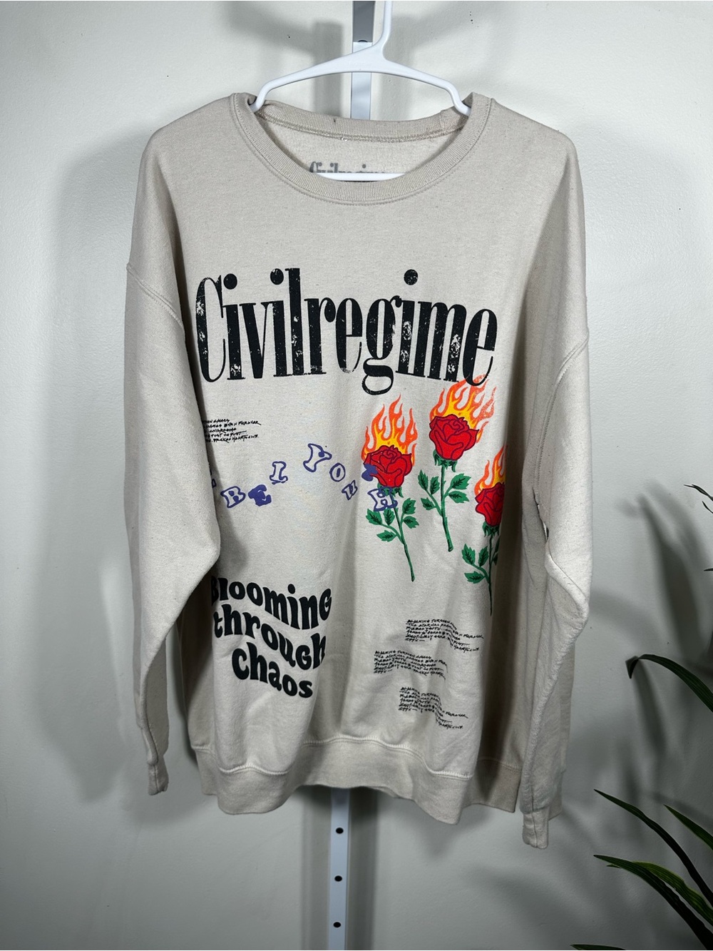 G57. Civil Regime Blooming Through Chaos Flaming Roses Oversized Sweatshirt L